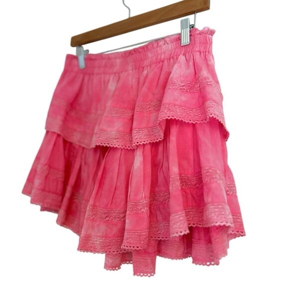 LoveShackFancy Hot Pink Tie Dye Ruffle Mini Skirt, Size Large - Picture 8 of 9